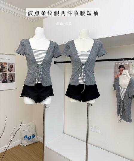luamoss 라이 경기 서울 혼방 도트 무늬 스트라이프 페이크 레이어드 반팔 여성 V넥 허리 수축 슬림해 보이는 티셔츠 맨위