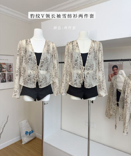 검은 콩 흠 여름 와일드 상황 레오파드 무늬 V넥 긴팔 쉬폰 블라우스 나만의 것을 가져와 라. 가슴 패드 캐미솔 투피스 슈트