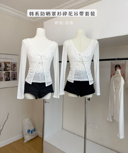 한 번 작은 짭짤한 한 부서 화이트 오프숄더 긴팔 티셔츠 여성 여름 자외선 차단 블라우스 Tulle 맨위 꽃무늬 슬립 세트