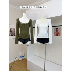 批发板栗可可Bankelili'韩女肌底衣'蕾丝内搭优雅方圆领长袖<b class='q'>打底衫</b>女