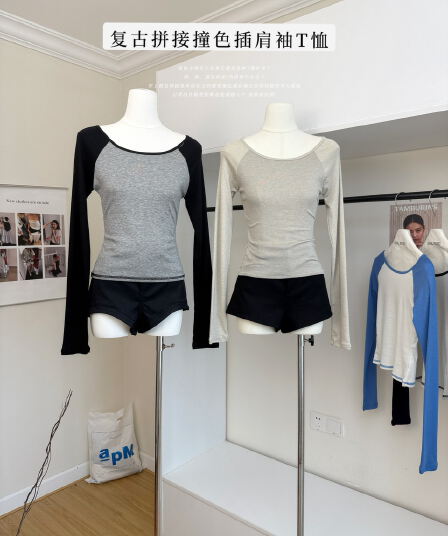skk store 가벼움 알몸의 센스 t 프로 피부 편안함 주간 실크 양모 레트로 패치워크 배색 삽입 어깨 소매 티셔츠 여성