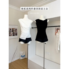 批发Goo Goo Eyes韩系真两件叠穿天丝斜肩<b class='q'>上衣</b><b class='q'>女</b>夏修身显瘦气质两件套