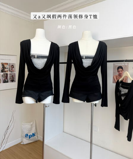aomalm 덜 또한 눈 雾霭 침수 ~ 중 쇼어 다시 a 다시 바람의 소리 페이크 레이어드 흔들다 칼라 티셔츠 여성 가을 쇼트 스타일 맨위