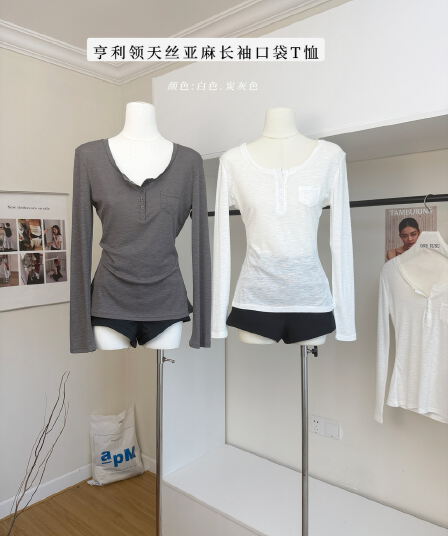 yolo shop 사랑 헨리 칼라 주간 실크 아마 긴팔 주머니 티셔츠 여성 여름 자외선 차단 블라우스 맨위