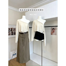 批发PlaceOrder 韩系斜肩船领宽松微透<b class='q'>长袖</b><b class='q'>T</b><b class='q'>恤</b>显瘦肌理感防晒针织罩衫