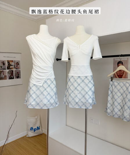 goo goo eyes 이중층 쉬폰 우아한 블루 체크무늬 반신 스커트 여성 여름 레이스 허리 머리 인어 꼬리 스커트 중간 스커트