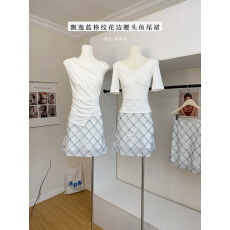 批发Goo Goo Eyes双层<b class='q'>雪纺</b>飘逸蓝格纹<b class='q'>半身裙</b>女夏季花边腰头鱼尾裙中裙