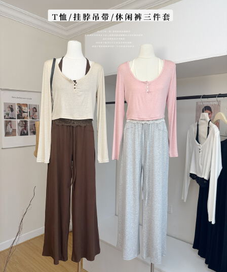 jmshop 바람둥이 느슨함 부서 주간 실크 양모 긴팔 티셔츠 레이스 레이스 행침 목 슬립 캐주얼 바지 세트
