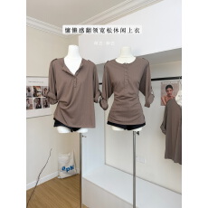 批发凉皮itspipi 暮灰茶色慵懒感翻领上衣女宽松<b class='q'>显瘦</b>长袖咖色休闲<b class='q'>衬衣</b>