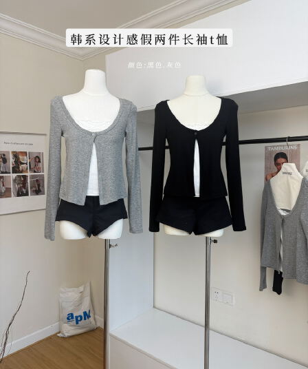 doudou 여드름 페이크 레이어드 긴팔 티셔츠 여성 조기 가을 새로운 한 부서 chic 착용 가져 가라. 디자인 센스 쇼트 스타일 맨위