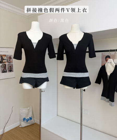 yolo shop 暮 빛 소녀 패치워크 배색 페이크 레이어드 V넥 맨위 가을 품격 허리 수축 중간 소매 티셔츠
