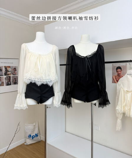 감사합니다. 아니요 고기 레이스 측면 패치워크 광장 칼라 나팔 긴팔 시폰 셔츠 여성 가을 부드러운 쇼트 스타일 인형 셔츠 맨위