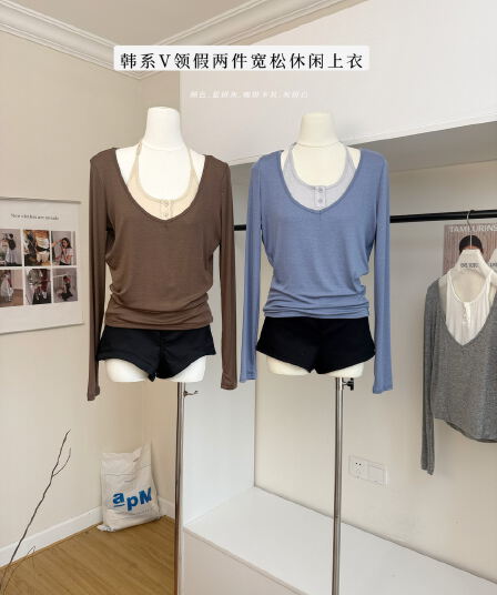 skk store 서울 이른 가을 150g 주간 실크 양모 V넥 페이크 레이어드 긴팔 티셔츠 루즈핏 캐주얼 맨위