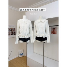批发PtonUmi奶芙啵啵 波点<b class='q'>娃娃领</b>长袖<b class='q'>T</b>女秋冬木耳花边内搭上衣打底衫
