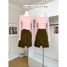 批发YUYUREAL  90s<b class='q'>复古</b>咖色灯芯绒A字半身裙女春秋季韩版百搭中长款裙