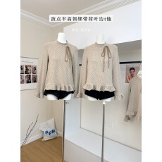 批发你好卡农 波点半高领绑带荷叶边<b class='q'>长袖</b><b class='q'>t</b><b class='q'>恤</b>女秋季新款设计感打底衫