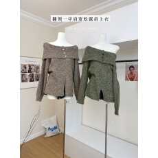 批发Xxiiuu【柔感舒适】翻领<b class='q'>一字肩</b>针织衫女秋季宽松露肩<b class='q'>上衣</b>套头毛衣