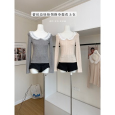 批发Lukira 焦糖暖茶 蕾丝边<b class='q'>娃娃领</b>修身提花针织长袖<b class='q'>T</b><b class='q'>恤</b>女秋季上衣