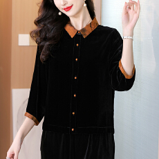 批发真丝丝绒新款高端上衣时尚新款撞色<b class='q'>妈妈</b>装桑蚕丝衬衫