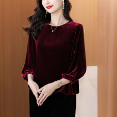 批发新款真丝丝绒上衣女九分袖桑蚕丝T恤圆领纯色遮肉显瘦外套春秋