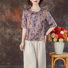 批发杭州丝绸品牌真丝体恤2026夏新款五分袖紫色桑蚕丝小衫圆领