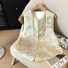 批发琼楼玉宇新中式国风优雅轻奢气质<b class='q'>女</b>装背心真丝宋锦提花<b class='q'>开衫</b>马甲