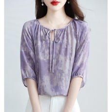 批发新款真丝上衣女印花气质轻薄桑蚕丝透气小衫显瘦温柔<b class='q'>妈妈</b>T恤夏季