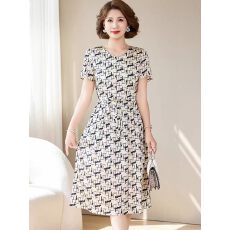 批发2026新款真丝<b class='q'>连衣裙</b><b class='q'>女</b>短袖中长款印花收腰显瘦桑蚕丝裙子