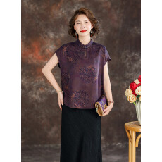 批发高端花罗香云纱桑蚕丝<b class='q'>妈妈</b>装2026春夏中式立领贵气落肩袖小衫