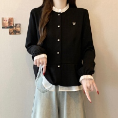 批发实拍~大码拼色木耳领小香风<b class='q'>衬衫</b>2026春装新款遮肚子<b class='q'>气质</b>上衣