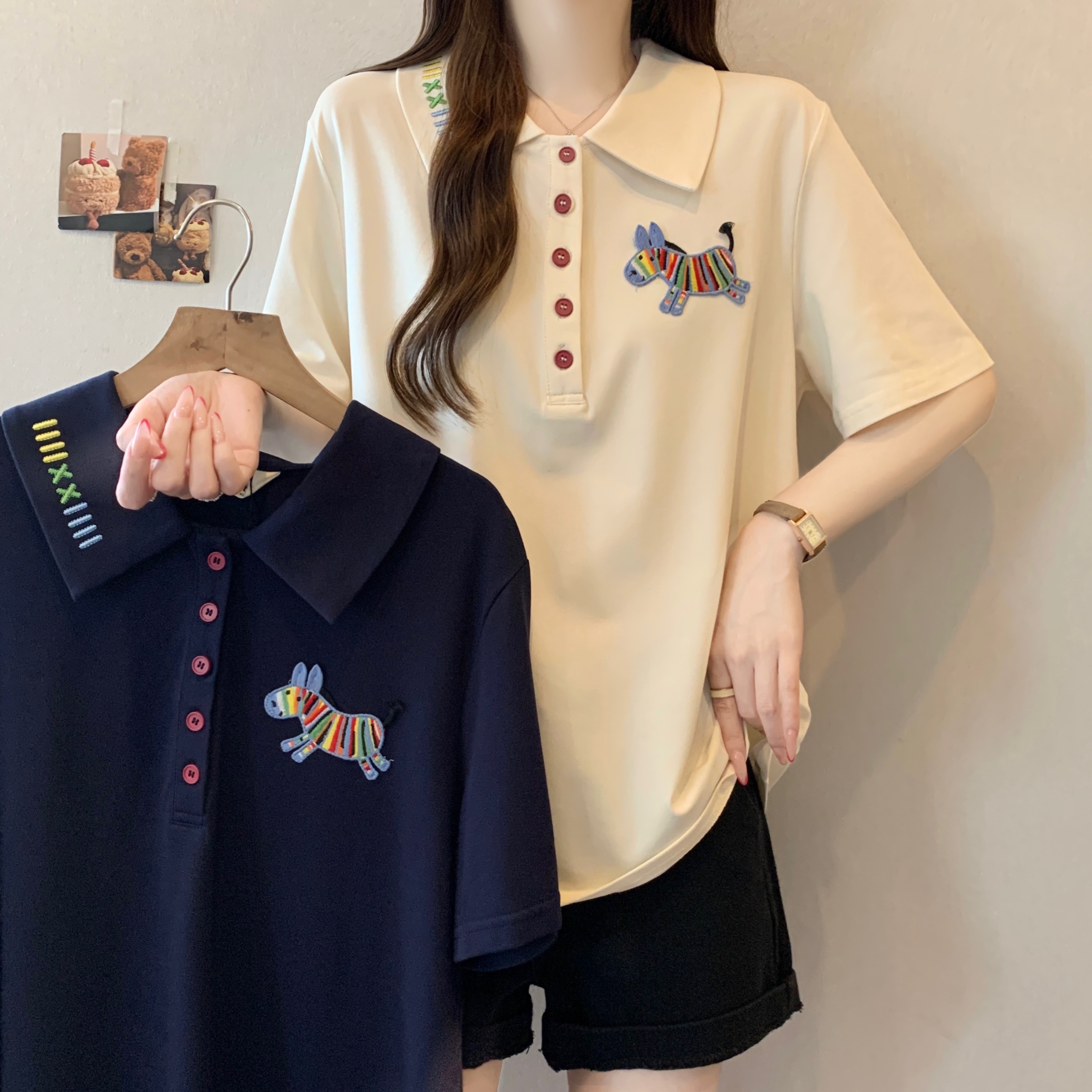 실사 빅 사이즈 여성 의류 POLO 칼라 작은 말 자수 반팔 티셔츠 지방 mm 귀여운 바람 얇은 스타일 차가운 센스 맨위