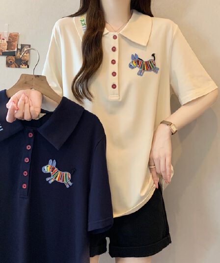 실사 빅 사이즈 여성 의류 POLO 칼라 작은 말 자수 반팔 티셔츠 지방 mm 귀여운 바람 얇은 스타일 차가운 센스 맨위