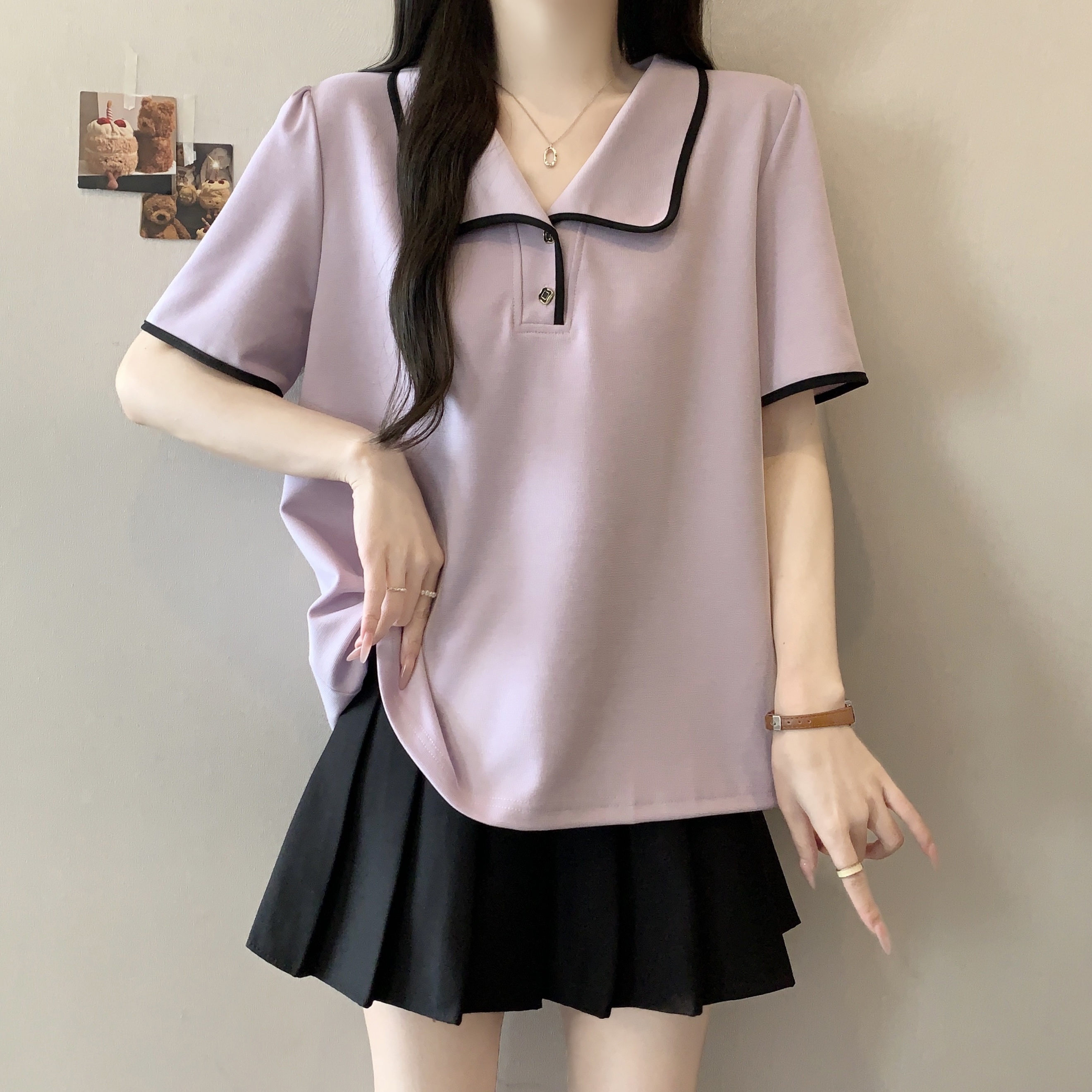 빅 사이즈 여성 의류 지방 mm 폴로 칼라 POLO 셔츠 긍정적 인 어깨 배색 반팔 티셔츠 여성 여름 자이언트 슬림해 보이는 맨위