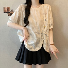 批发<b class='q'>大码</b>新中式纯棉刺绣圆领短袖衬衫女夏季新款独特超好看宽松上衣