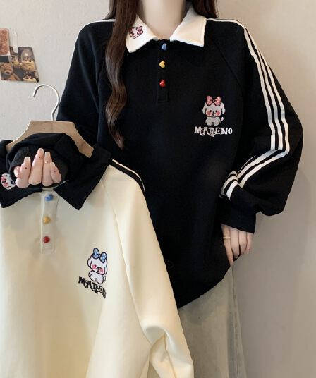 실사 빅 사이즈 가을 새로운 강아지 자수 POLO 칼라 학원 스타일 스트라이프 후드티 여성 다용도 맨위