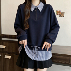 批发<b class='q'>大码</b>胖MM韩系设计感假两件长袖卫衣春秋宽松显瘦别致漂亮减龄上衣