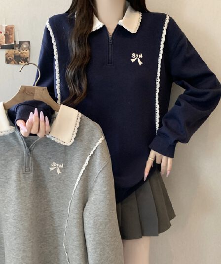 레이스 조각 POLO 칼라 긴팔 후드티 가을 2026 새로운 빅 사이즈 여성 의류 지방 mm 학원 스타일 루즈핏 맨위