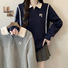 批发蕾丝拼接polo领长袖卫衣秋季2026<b class='q'>新款</b>大码女装胖mm学院风宽松上衣