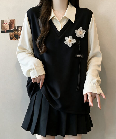 페이크 레이어드 POLO 칼라 배색 후드티 빅 사이즈 여성 의류 한 부서 다용도 후드티 지방 mm 가을 겨울 새로운