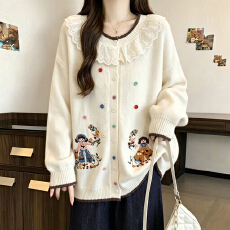 批发蕾丝花边卡通刺绣毛衣外套女秋冬大码胖mm<b class='q'>中长款</b>针织开衫上衣