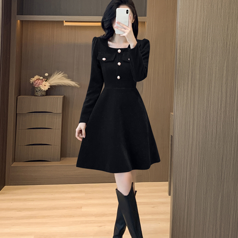 MY14159# 有口袋大码女装微胖mm遮肉显瘦法式气质小黑裙秋冬内搭针织连衣裙女裝貨源服裝批發