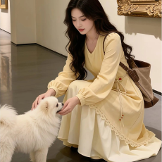 批发大码温柔风独特漂亮超好看黄色假两件连衣裙气质高级感收腰长裙26