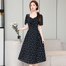 批发口袋气质<b class='q'>连衣裙</b>女小个子夏大码胖mm收腰显瘦遮肚雪纺裙碎花裙法式
