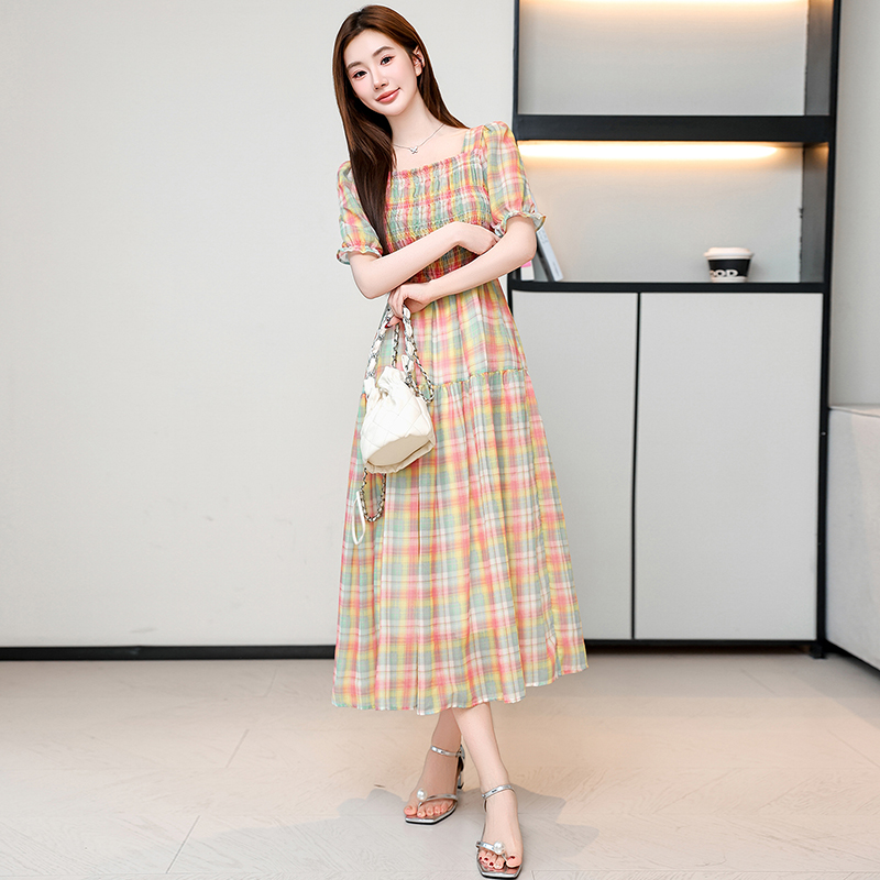RY1143# 有口袋新款大码微胖泡泡袖格子连衣裙女夏季胖MM设计感方领收腰裙