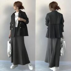 批发2026日系春款翻领后腰下摆压褶西装外套 两侧假袋盖口袋