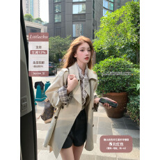 批发楚楚 柏林画卷 双排扣风衣外套女拼接格纹设计感中长款羊毛大衣秋