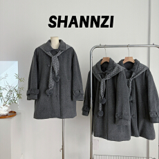 批发PtonUmi 波点艺术家 翻领双排扣毛呢大衣女冬中长款夹棉呢子外套