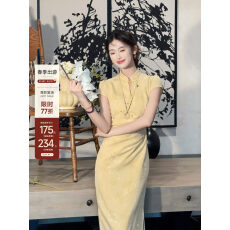 批发凌茜恣禾如初国风新中式黄蓝竹叶底纹梅花连衣裙优雅气质旗袍裙