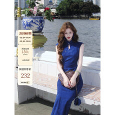 批发吃绿色菜岚语去年1w+销量无袖褶皱收腰蓝色新中式旗袍连衣裙