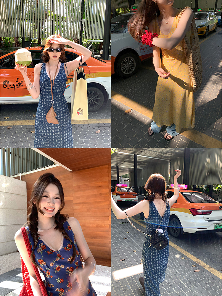 im ~까지 쌀 루오 S 여행 V넥 유럽 오간자 패치워크 허리 수축 꽃무늬 여성 드레스 봄 여름 민소매 조끼 스커트